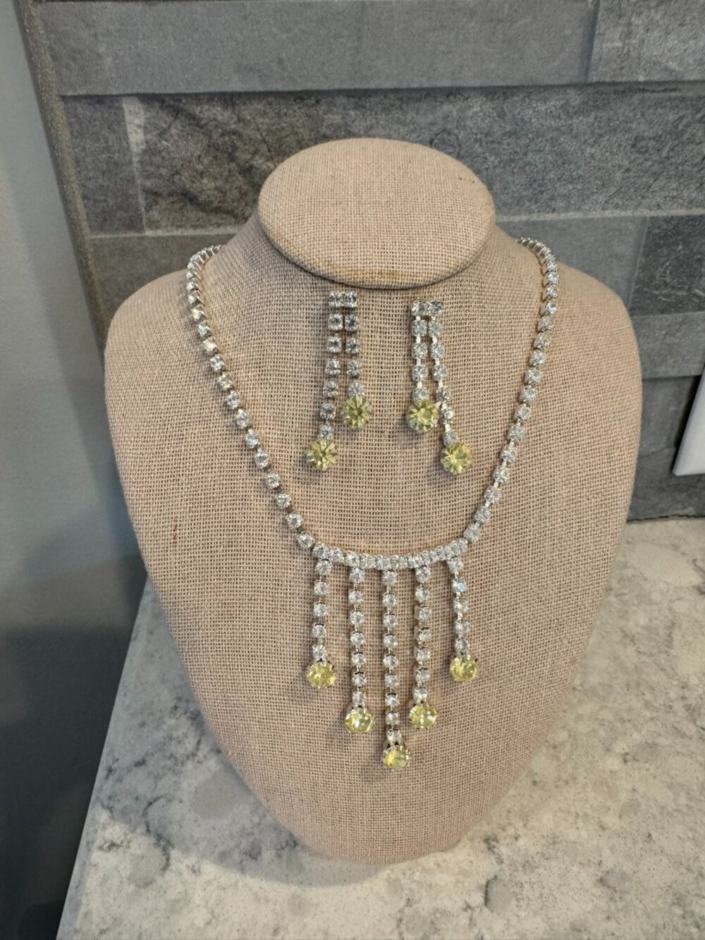 Yellow and Clear Rhinestone Art Deco Earring and Necklace Set